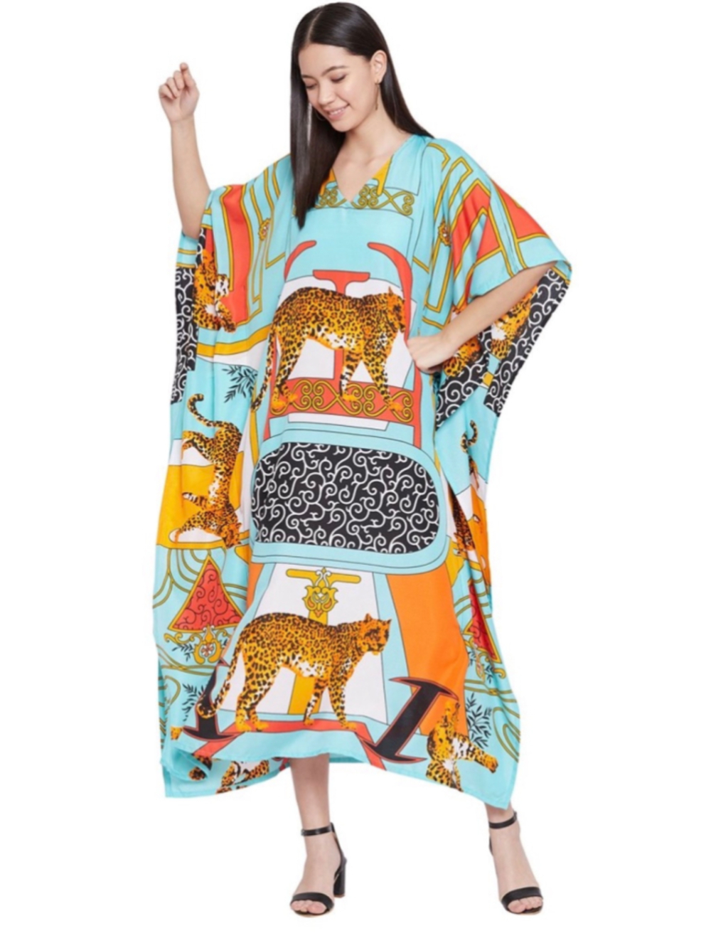 Gypsie Blu Kaftan Cover-Up Dress One Size Blue Orange Leopard Print
